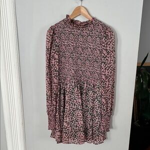 Lulu's Pink and Green Floral Long Sleeve Skater Dress Sz Small